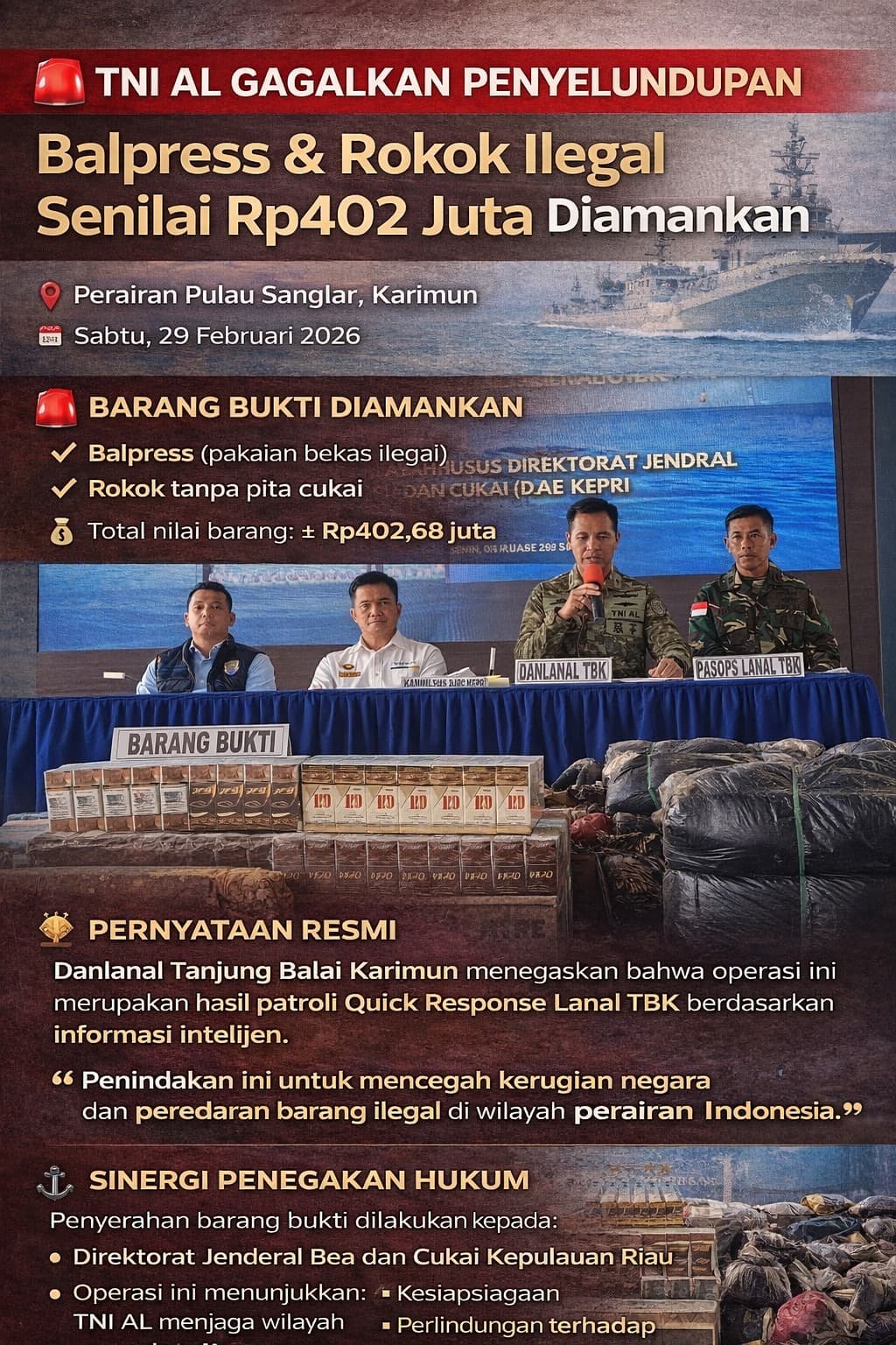 TNI AL Gagalkan Penyelundupan Balpress dan Rokok Ilegal Senilai Rp402 Juta di Perairan Karimun