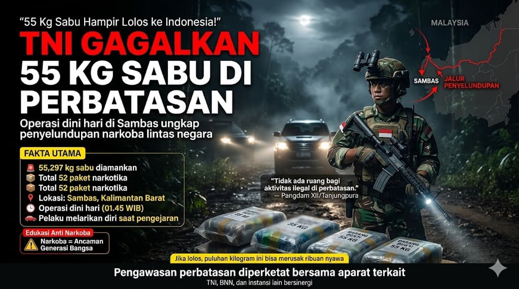 TNI Gagalkan Penyelundupan 55 Kilogram Sabu di Perbatasan Indonesia Malaysia Tegaskan Komitmen Perangi Narkotika