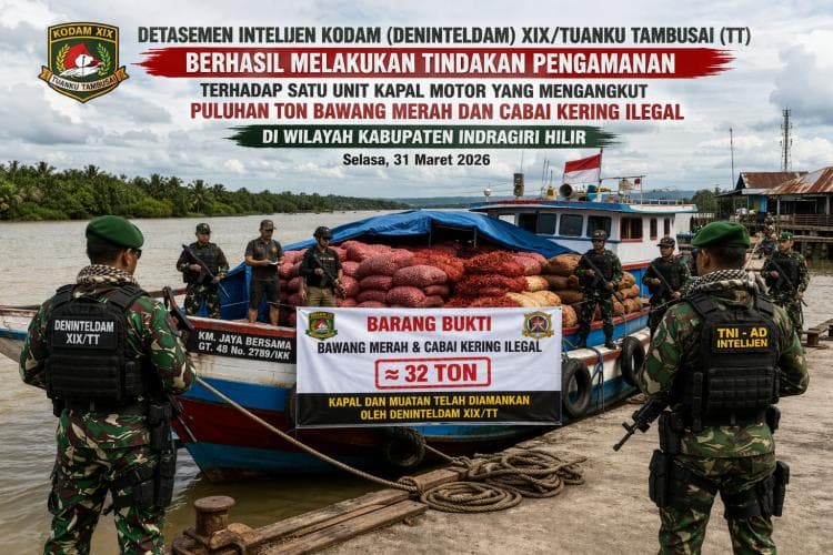 Deninteldam XIX/TT Gagalkan Penyelundupan Puluhan Ton Bawang dan Cabai Ilegal di Indragiri Hilir
