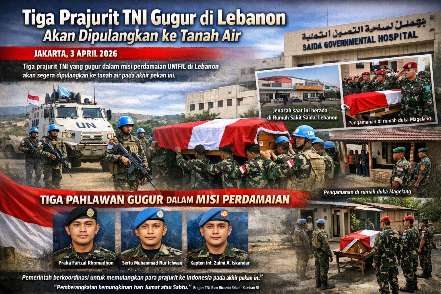 Duka Mendalam, Tiga Prajurit TNI Gugur di Lebanon Akan Dipulangkan ke Tanah Air