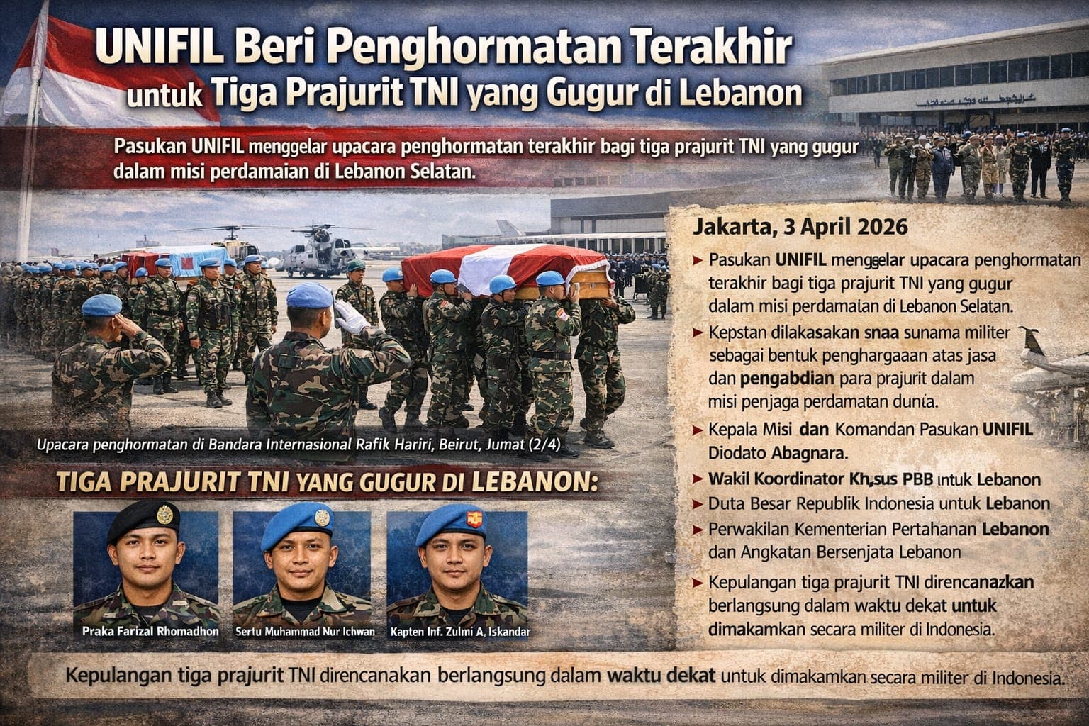 UNIFIL Beri Penghormatan Terakhir untuk Tiga Prajurit TNI yang Gugur di Lebanon
