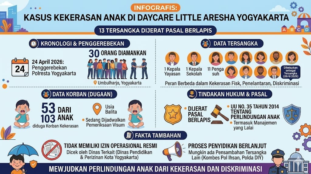13 Tersangka Kekerasan Anak Daycare Little Aresha Yogyakarta Dijerat Pasal Berlapis