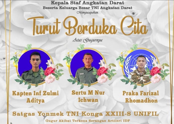 Tiga Prajurit TNI Gugur di Lebanon, Panglima Pastikan Santunan dan Kenaikan Pangkat Anumerta