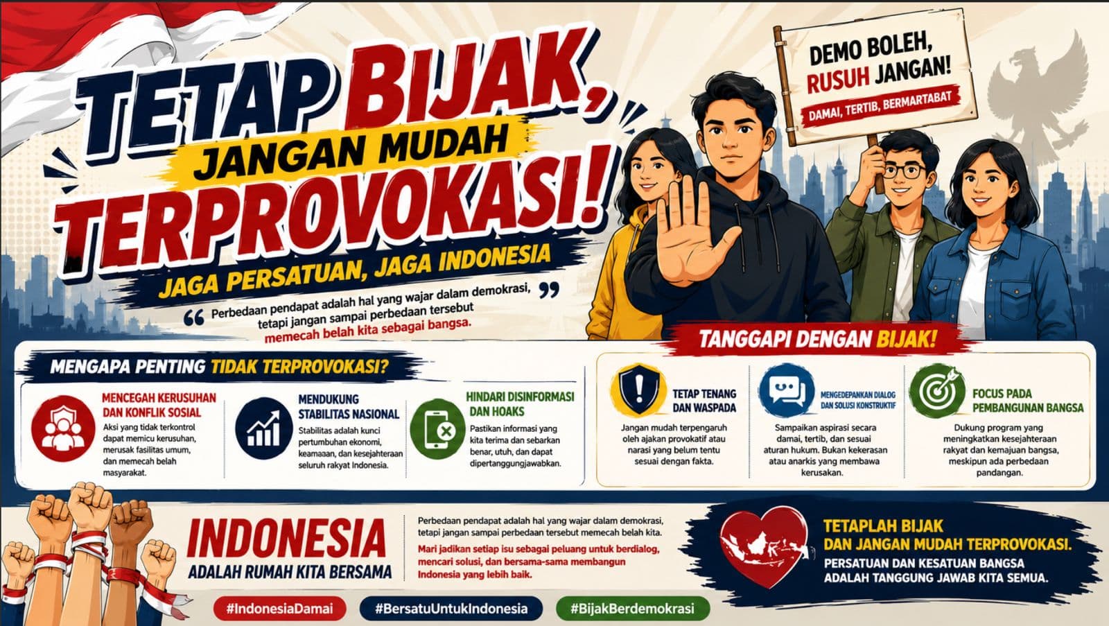 Jangan terprovokasi ajakan atau gerakan yang dapat merusak stabilitas dan persatuan bangsa