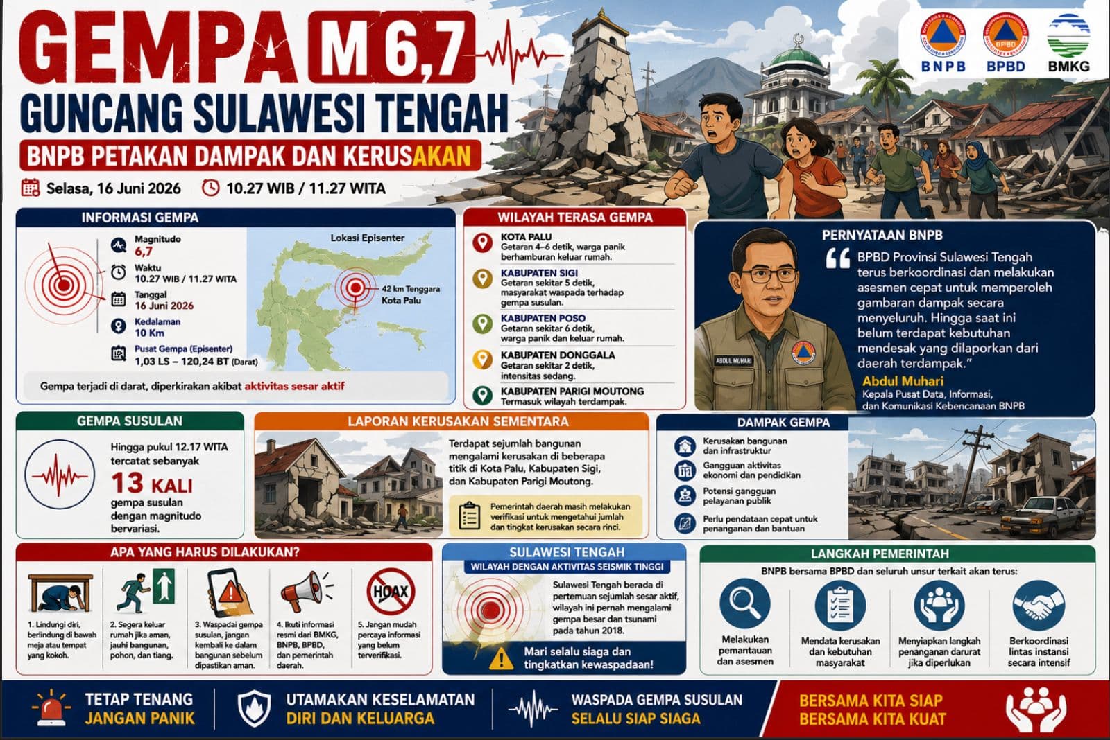 Gempa M 6,7 Guncang Sulawesi Tengah, BNPB Petakan Dampak dan Kerusakan