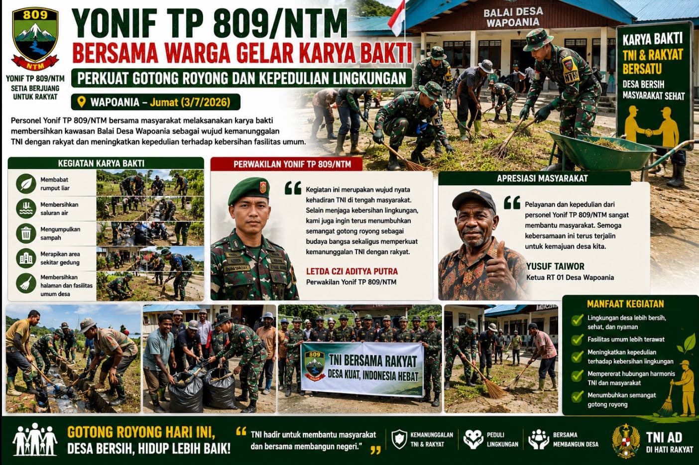 Yonif TP 809/NTM Bersama Warga Gelar Karya Bakti, Perkuat Gotong Royong dan Kepedulian Lingkungan