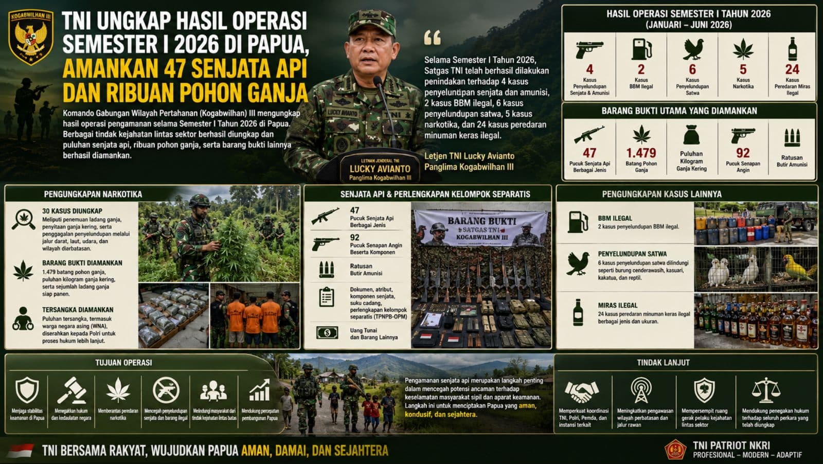TNI Ungkap Hasil Operasi Semester I 2026 di Papua, Amankan 47 Senjata Api dan Ribuan Pohon Ganja