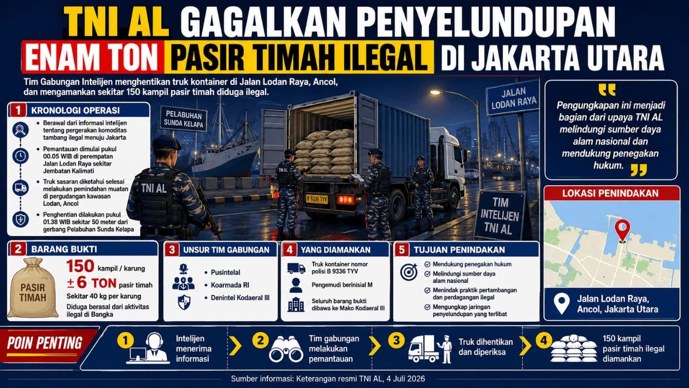 TNI AL Gagalkan Penyelundupan Enam Ton Pasir Timah Ilegal di Jakarta Utara