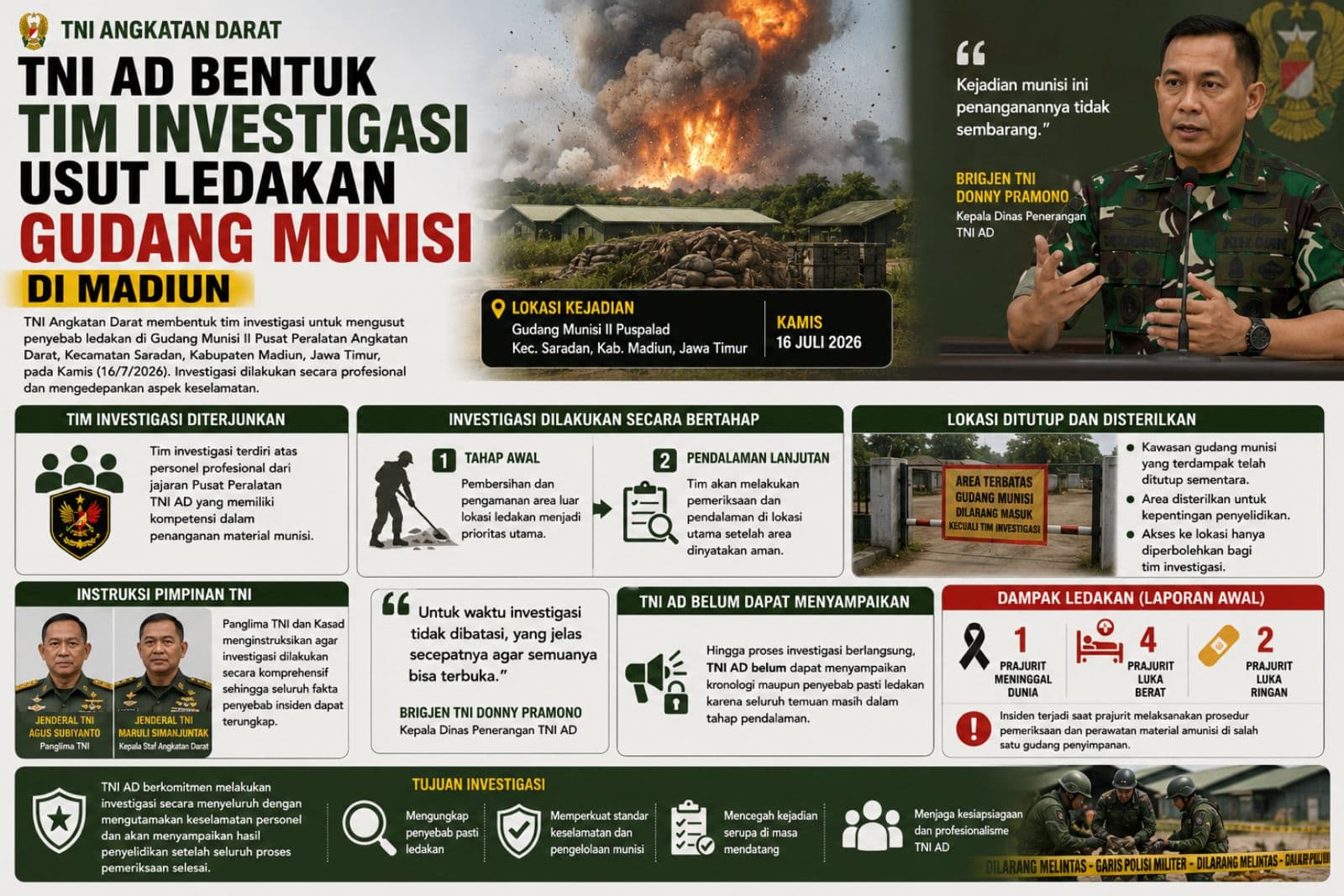 TNI AD Bentuk Tim Investigasi Usut Ledakan Gudang Munisi di Madiun